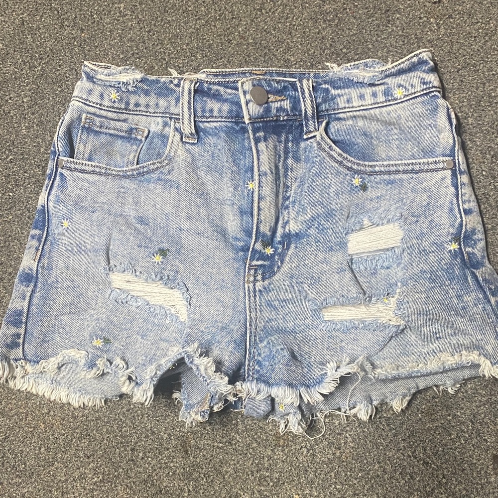 Light Blue Distressed Denim Shorts with flower Embroidery